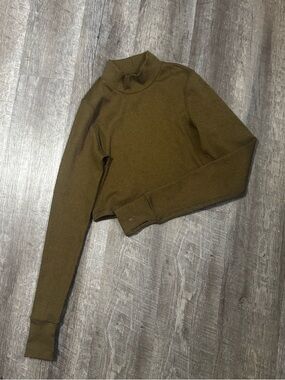 Cropped Olive Green Long Sleeve Mock Neck Top